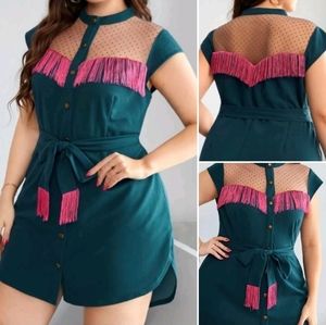 Sz 16 Pink Cowgirl Fringe Polka Dots Navy Western Dress. Pockets, Belt, Stretch.